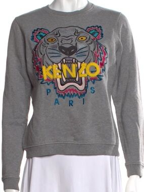 Kenzo Kids Gray Crewneck Sweatshirt with Multicolor Tiger Embroidery